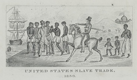 Drawing of white slave traders driving enslaved people in view of the United States Capitol and US flag in the background. Library of Congress.